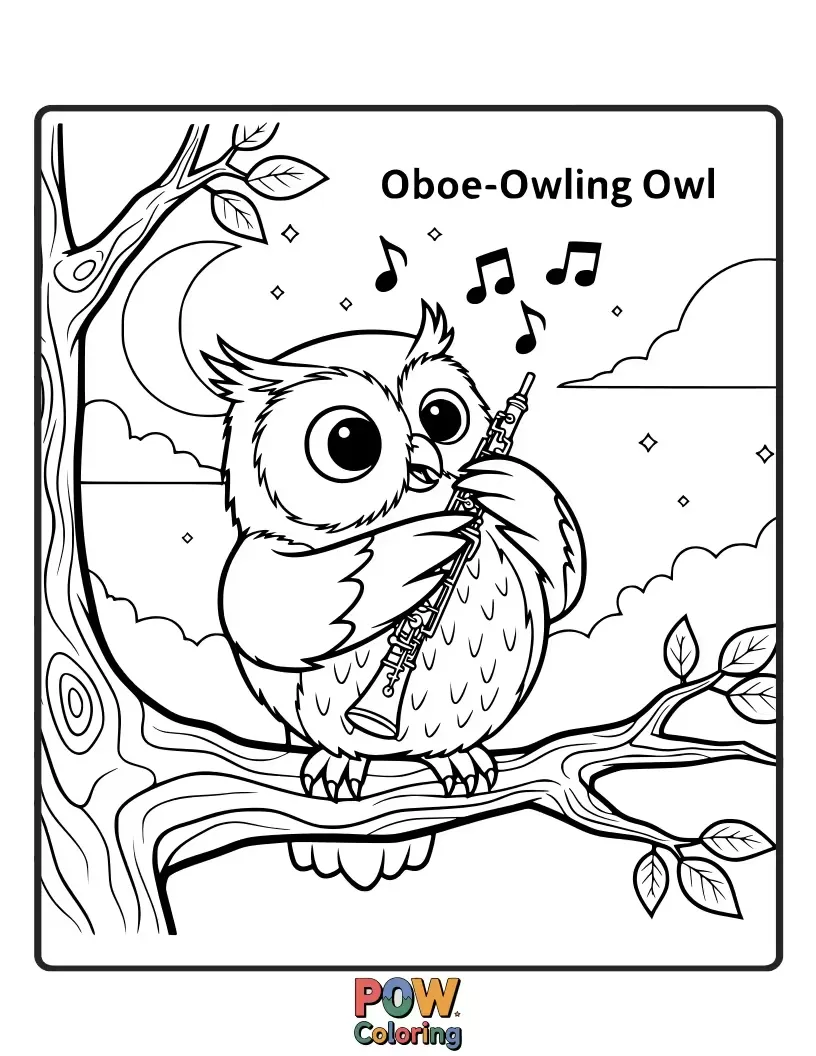 Free coloring page of A wise owl with big eyes perched on a branch, playing a melodious oboe. Mystical, funny, and wonderfully serene.