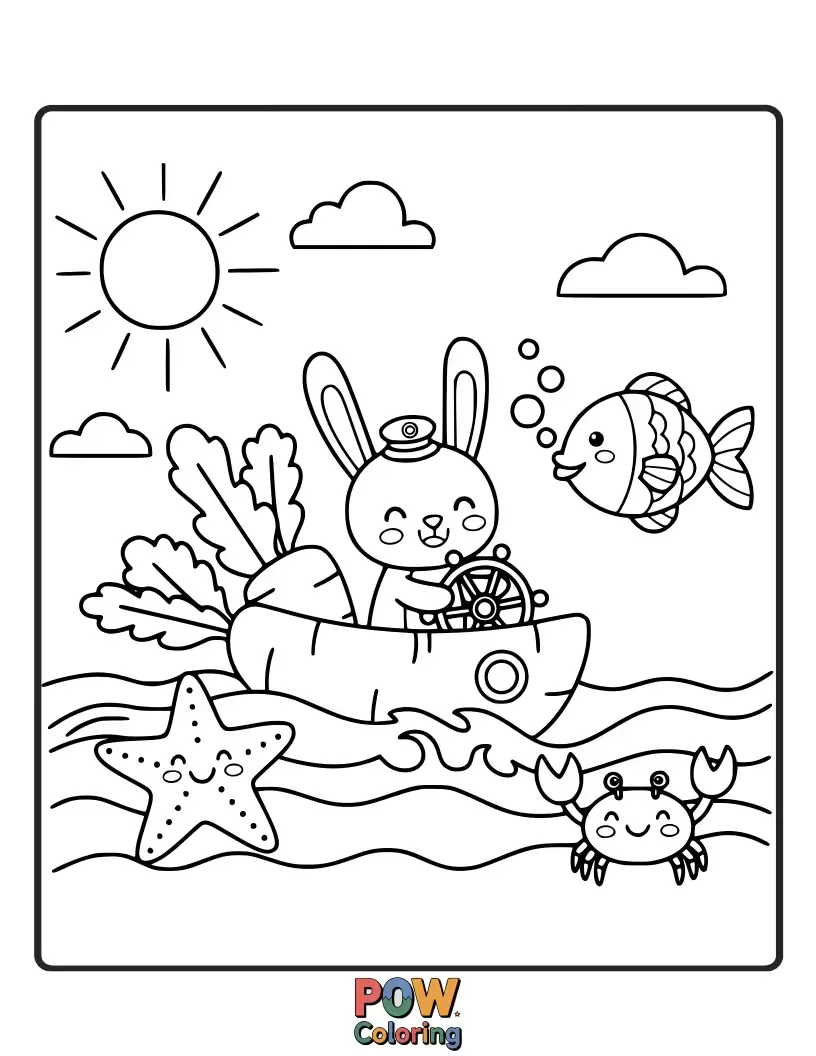 Free coloring page of A brave bunny in a tiny sailor outfit sets sail on a seashell boat across a calm ocean.