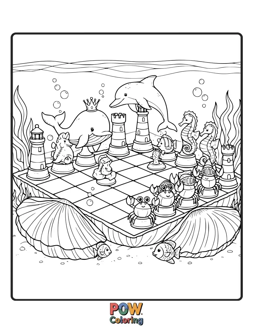 Free coloring page of Fish and seahorses playing chess on a coral reef board, with bubbly waves for a unique backdrop.