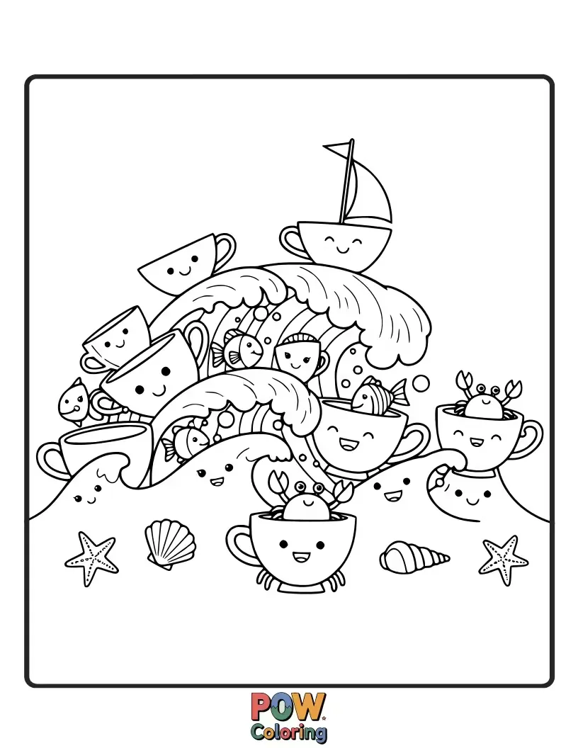 Free coloring page of Playful cups swim and splash with cheerful sea creatures in a bright, bubbly underwater world.