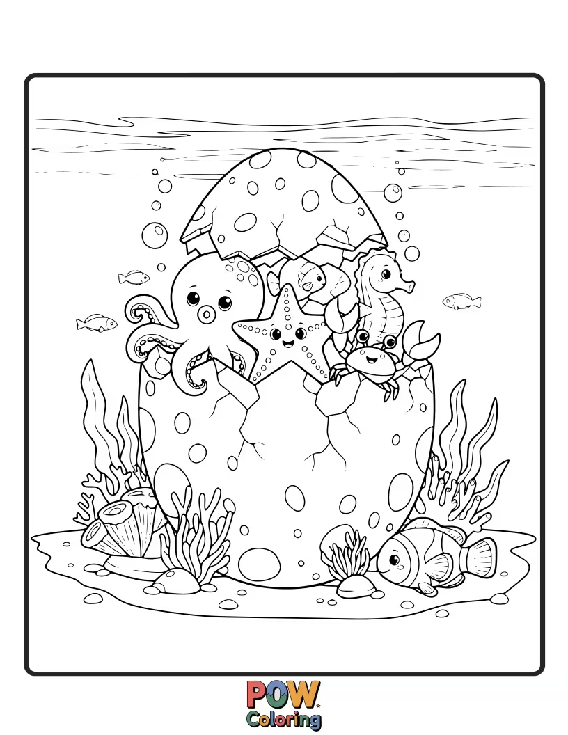 Free coloring page of An egg shell cracked open to reveal a cute sea creature like a smiling starfish or a tiny seahorse within.