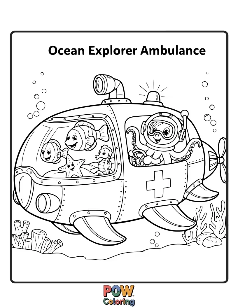 Free coloring page of An ambulance designed like a submarine, exploring the depths of the ocean for marine emergencies.