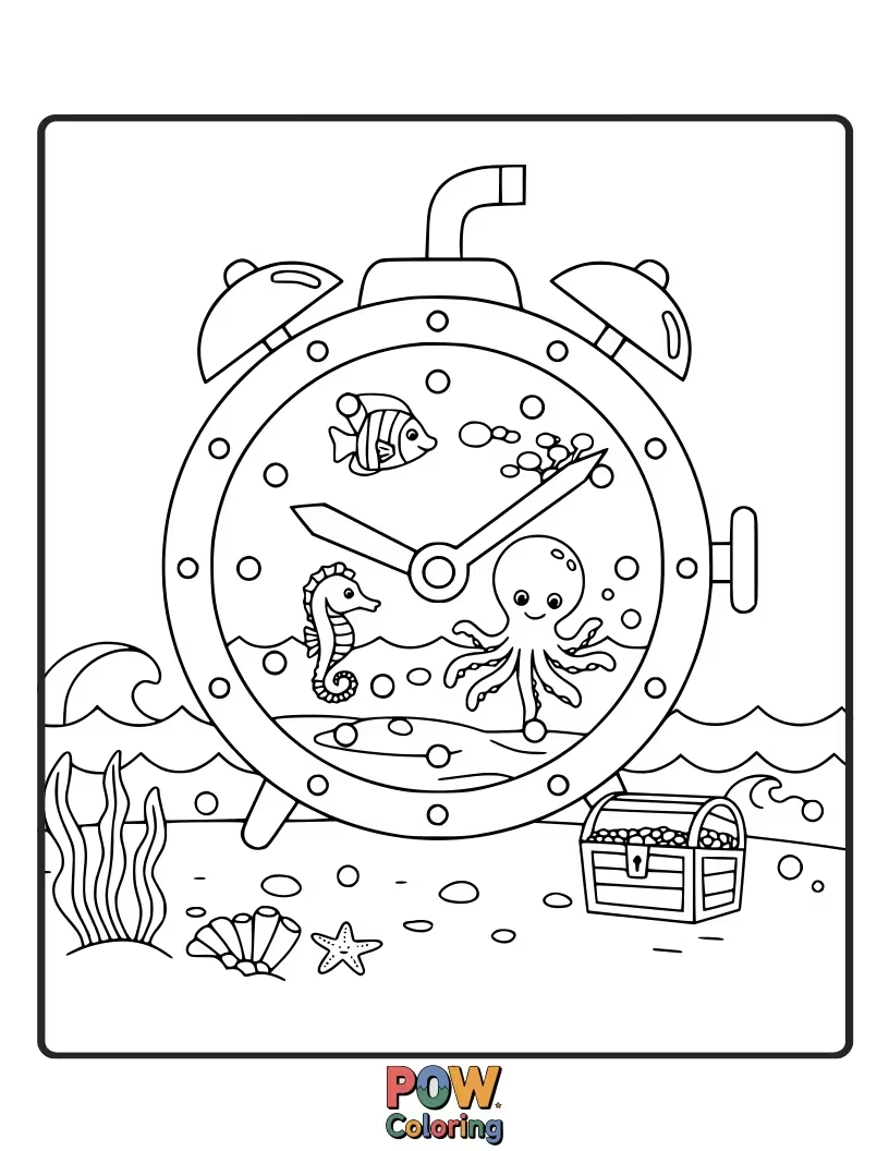 Free coloring page of An exciting clock for little explorers, with submarines, treasure chests, and ocean depths.