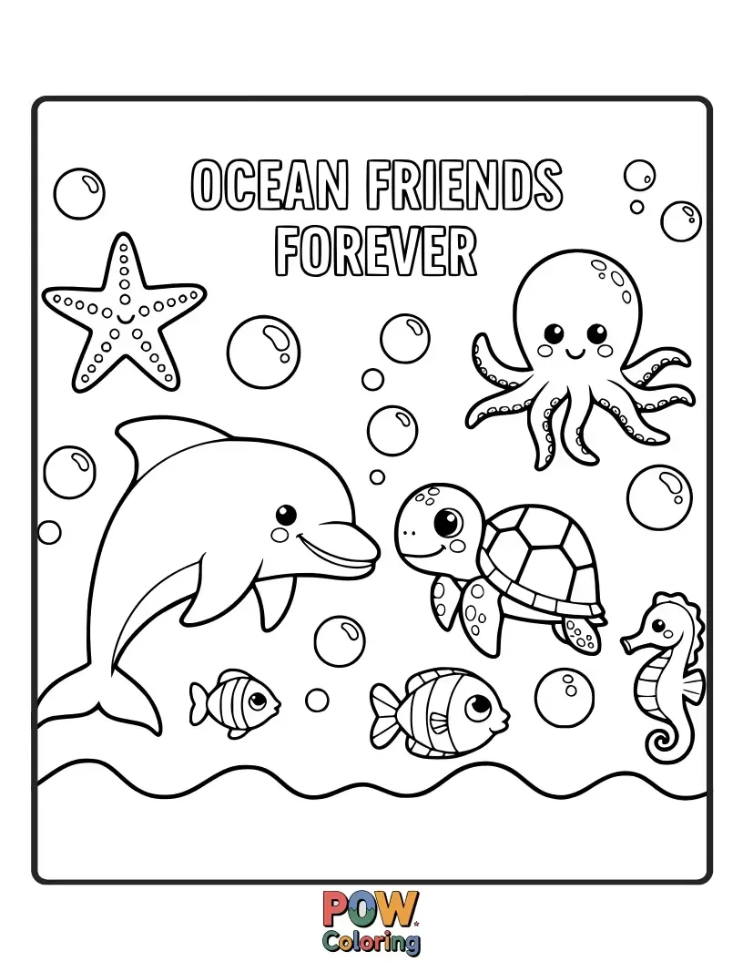Free coloring page of Dolphins, turtles, and fish smiling, sharing a bubble. A heartwarming scene of underwater friendship and joy.