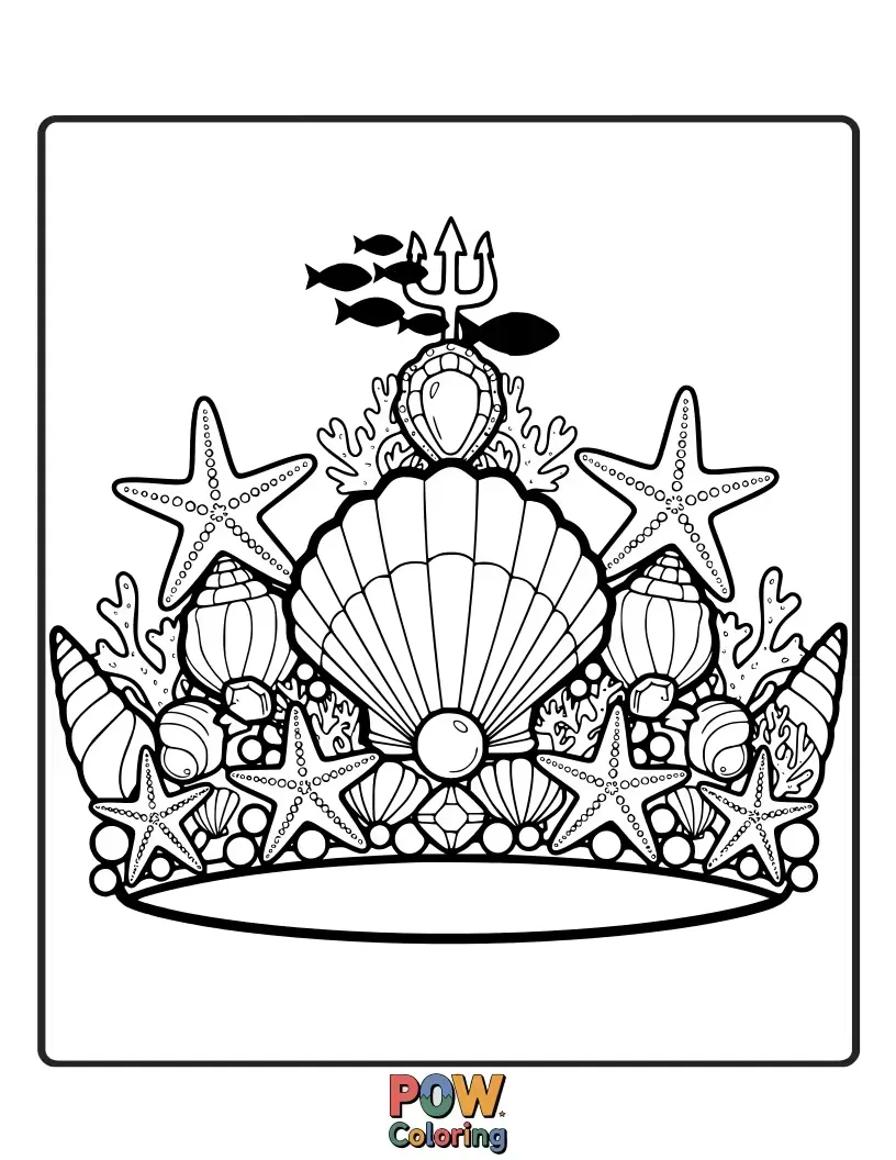 Free coloring page of Inspired by the deep sea, this crown gleams with aquamarine hues and shell-like embellishments.