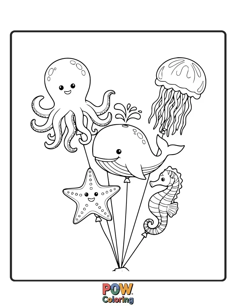 Free coloring page of Hot air balloons shaped like friendly marine animals such as whales, dolphins, and seahorses, floating above waves.