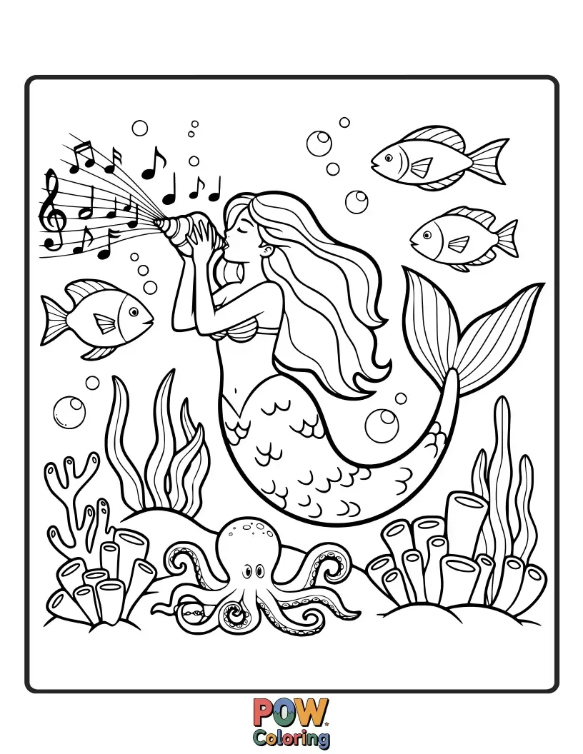 Free coloring page of A beautiful mermaid singing with her hair flowing, surrounded by curious fish listening intently. Enchanting underwater melodies.