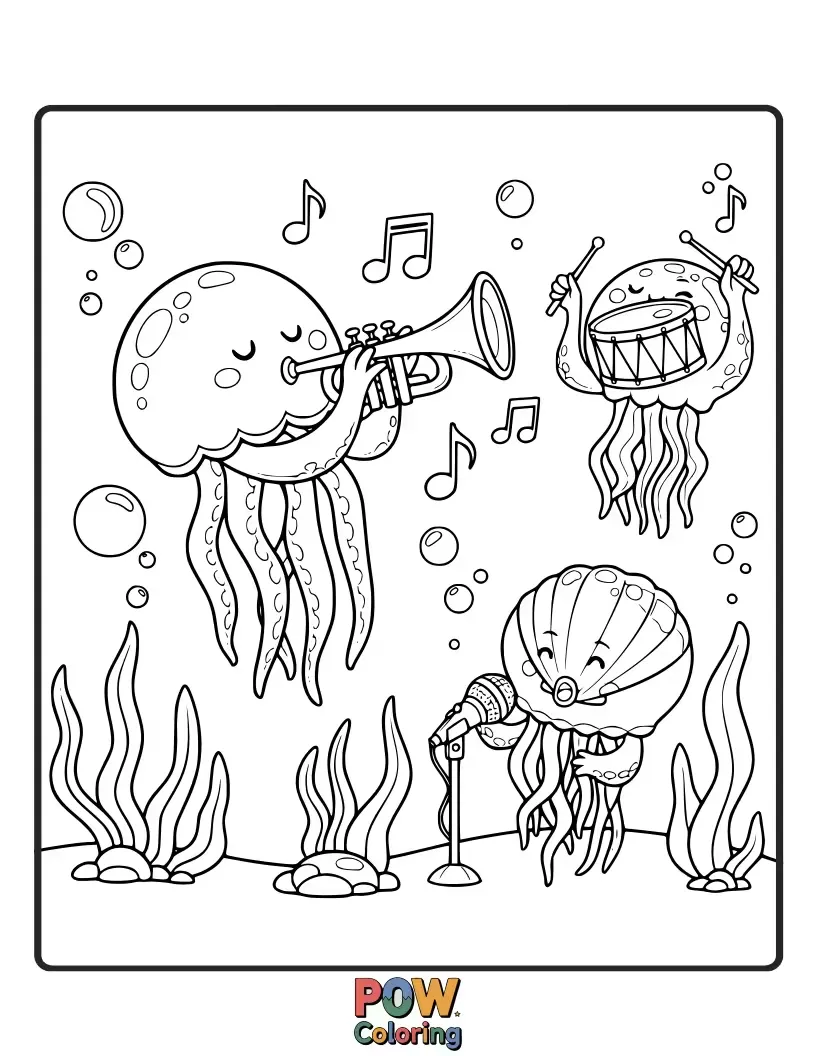 Free coloring page of Jellyfish of various shapes and sizes playing different musical instruments, creating an underwater symphony. A unique artistic vision.