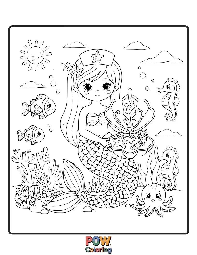 Free coloring page of A graceful mermaid nurse swimming through coral reefs, using a seashell stethoscope to listen to sea creature hearts.