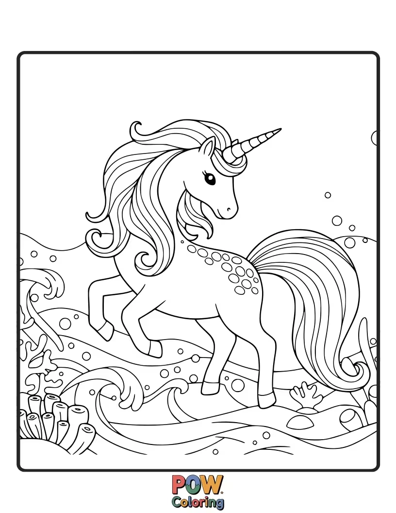 Free coloring page of Enchanting unicorn with a pearlescent horn, swimming in a serene ocean.