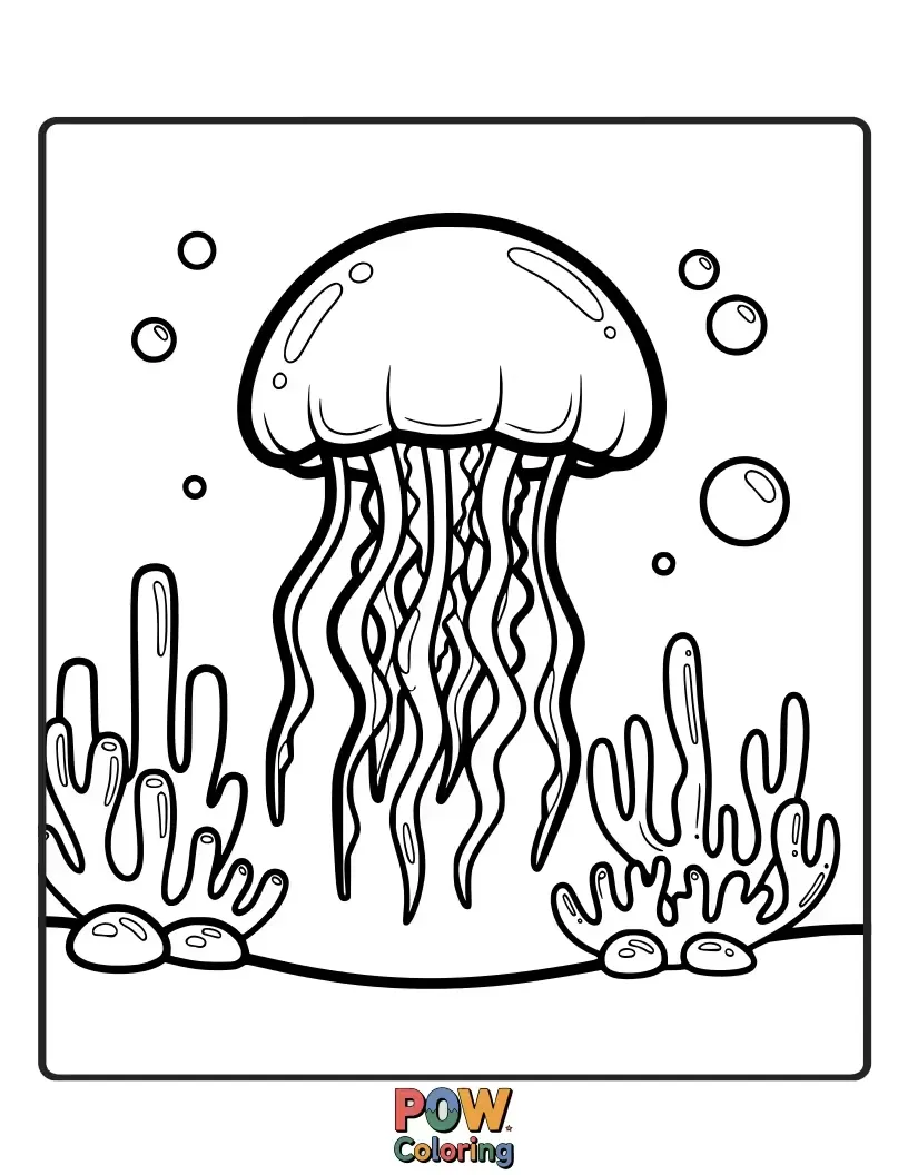 Free coloring page of A large, majestic jellyfish shimmering with all the colors of the rainbow. A breathtaking spectacle of light and color.