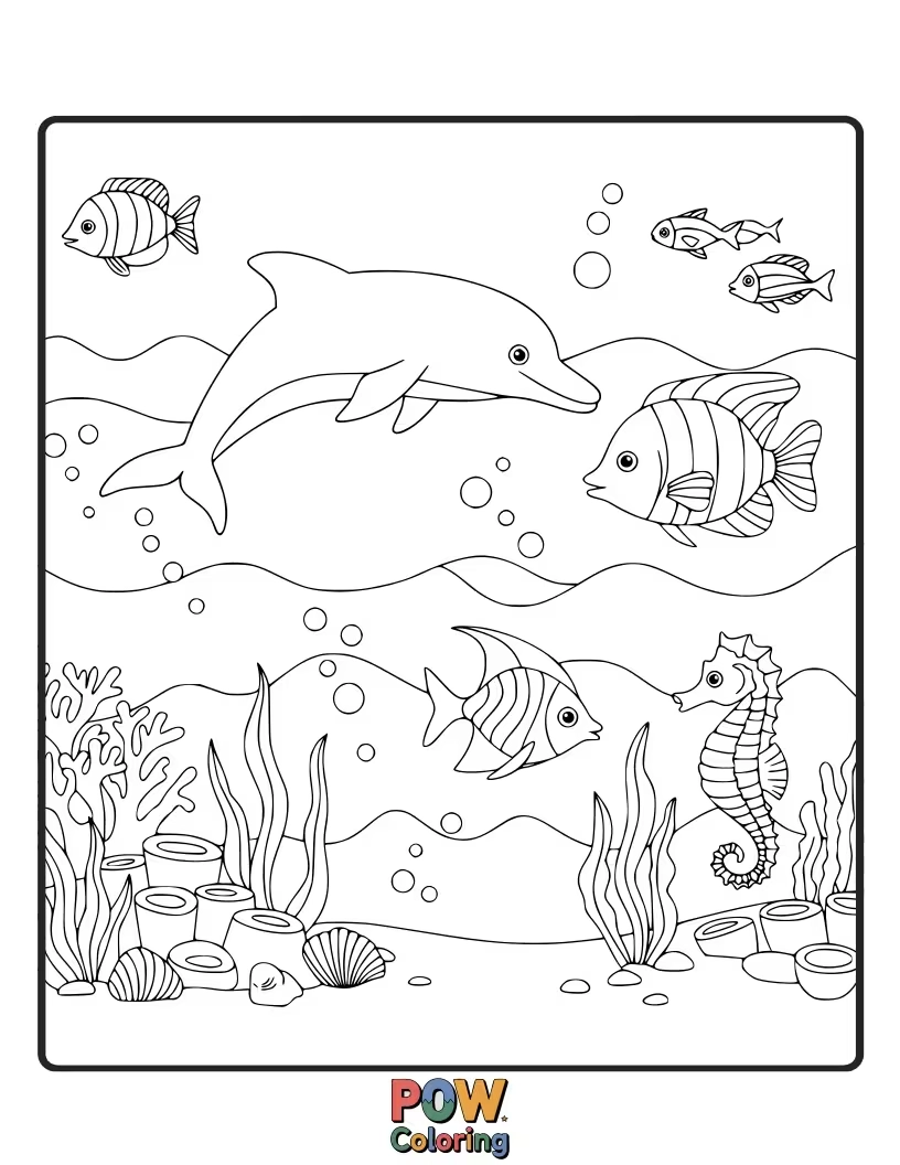 Free coloring page of A fish swimming amongst simple seaweed and rocks, creating a basic underwater environment for coloring.
