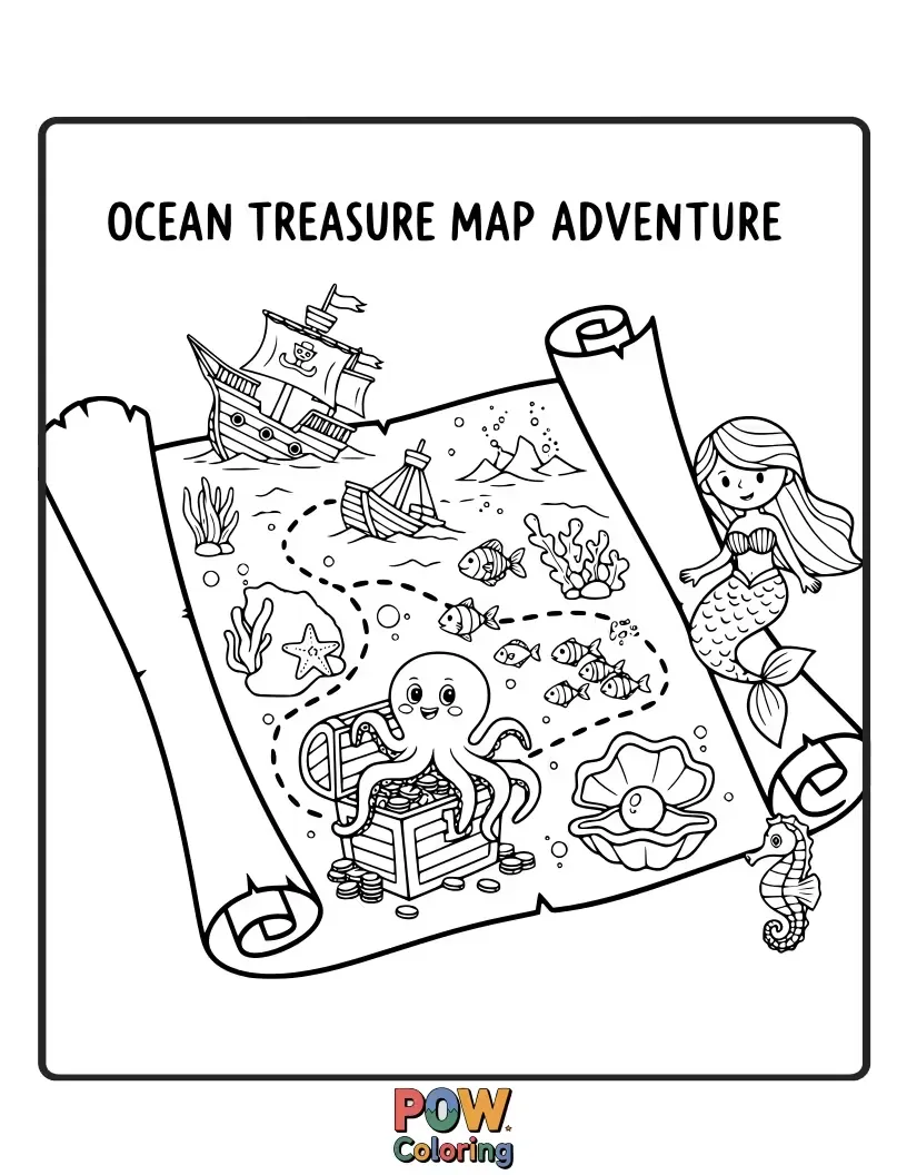 Free coloring page of A pirate parrot holding a treasure map, pointing towards a submerged chest on the seabed. An exciting quest.