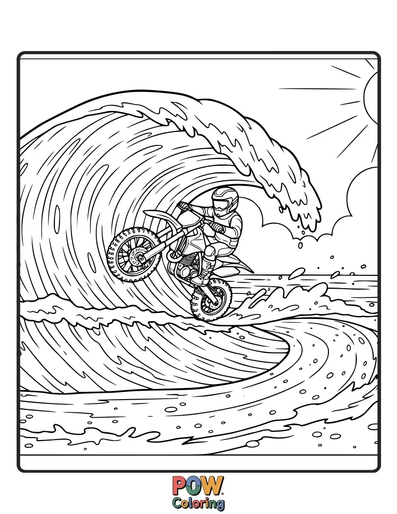 Free coloring page of A dirt bike riding a giant, cresting ocean wave, with seagulls soaring overhead.