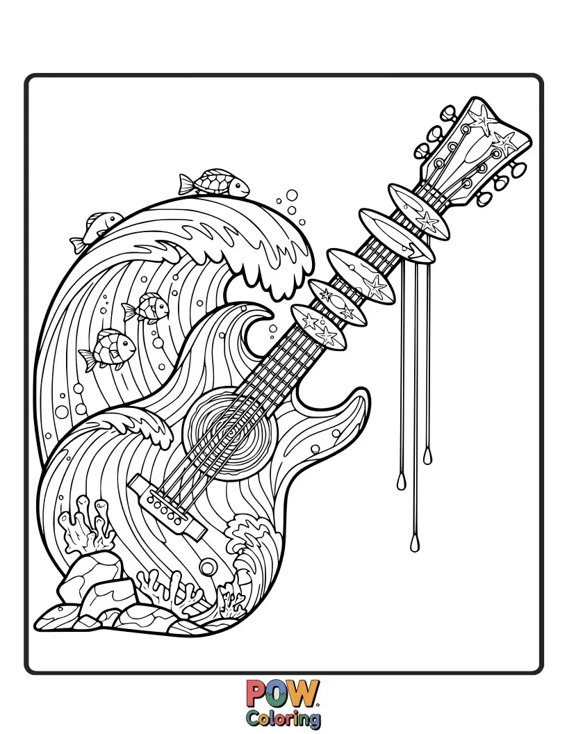 Free coloring page of A guitar designed like a cresting ocean wave, with playful fish swimming around its body.