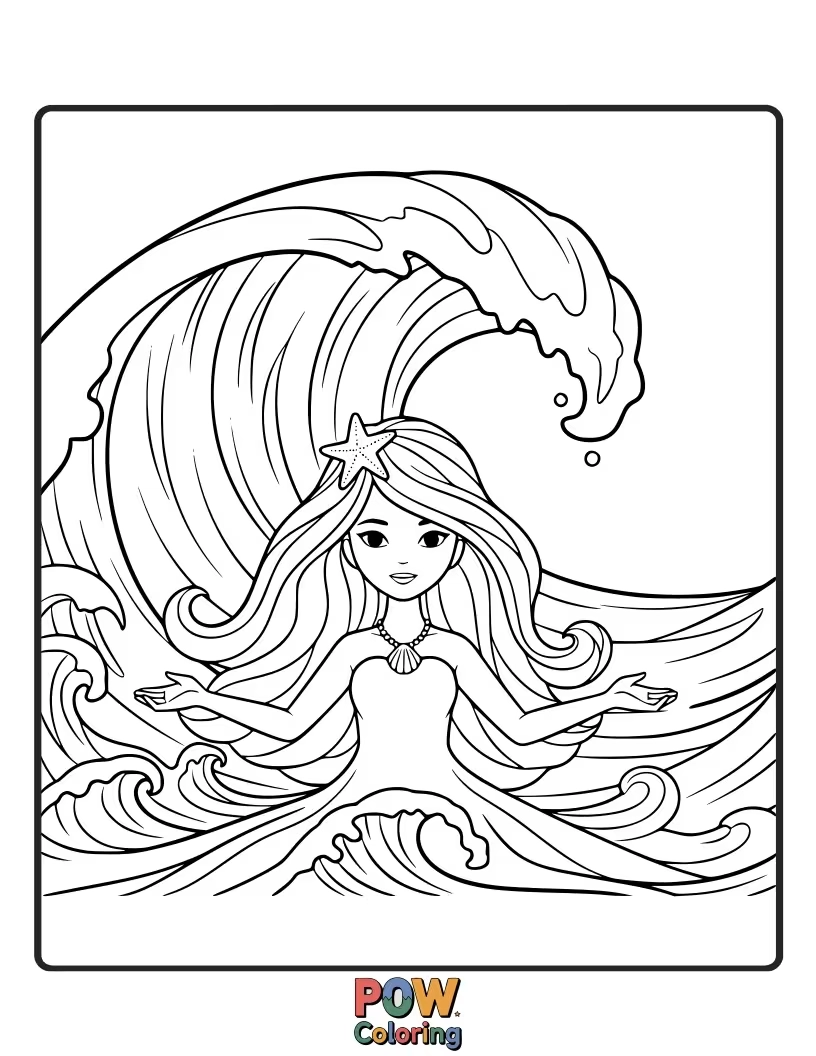 Free coloring page of A joyful princess playing by the ocean, with gentle waves lapping at her feet.