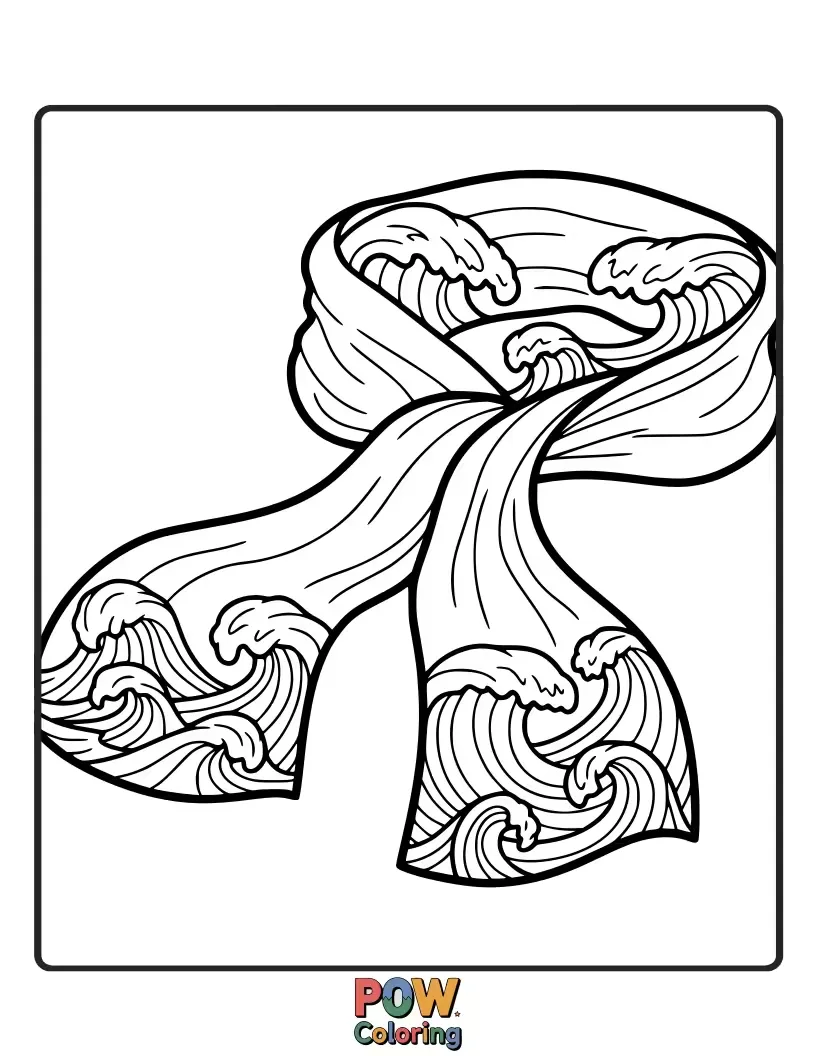 Free coloring page of A beautiful scarf shaped like flowing ocean waves, with a playful dolphin. Dive into vibrant blues and greens.