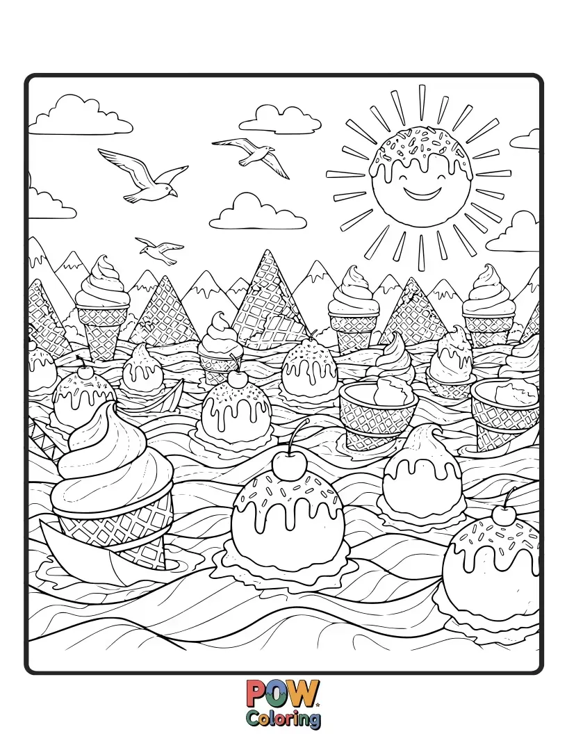Free coloring page of Waves of colorful ice cream crashing onto a beach made of sprinkles and cookie crumbs.