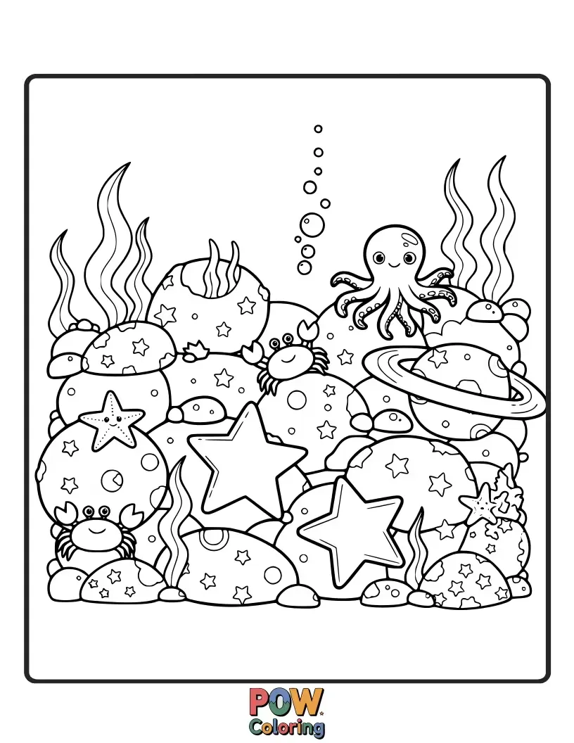 Free coloring page of A dark, deep ocean scene with glowing bioluminescent creatures creating intricate patterns on the sand. Mysterious beauty.