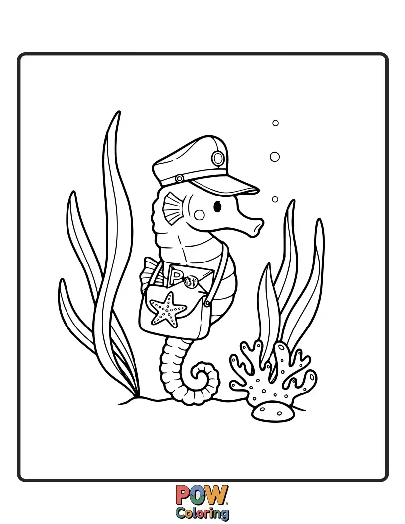 Free coloring page of A diligent seahorse delivering tiny, rolled-up scrolls tied with seaweed to other ocean dwellers.