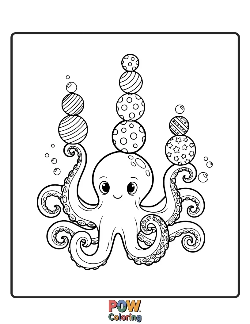 Free coloring page of An impressive octopus showing off its skills by balancing several colorful balls on its outstretched tentacles.