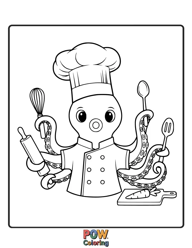 Free coloring page of A cheerful octopus wearing a chef's hat, happily juggling cooking utensils and ingredients for a delicious meal.