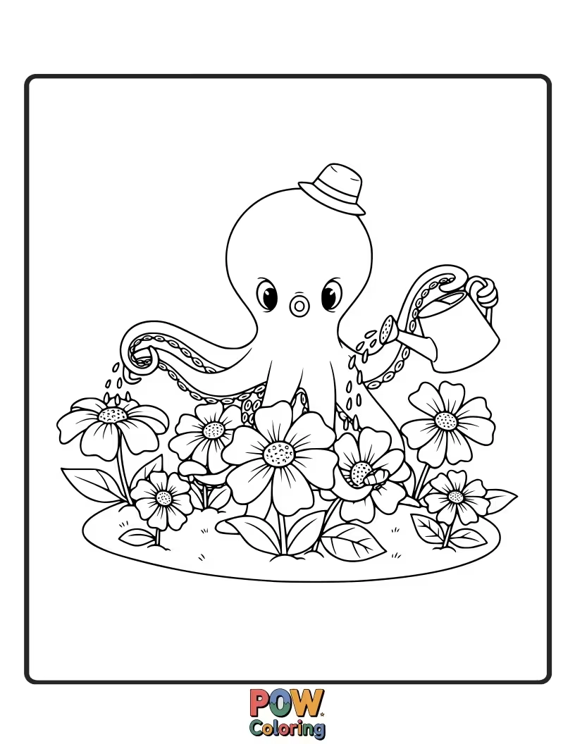 Free coloring page of A gentle octopus carefully tending to a garden of colorful underwater plants and flowers with its numerous arms.