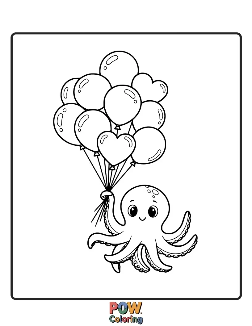 Free coloring page of A whimsical octopus floating upwards, gleefully holding onto a bouquet of brightly colored balloons.
