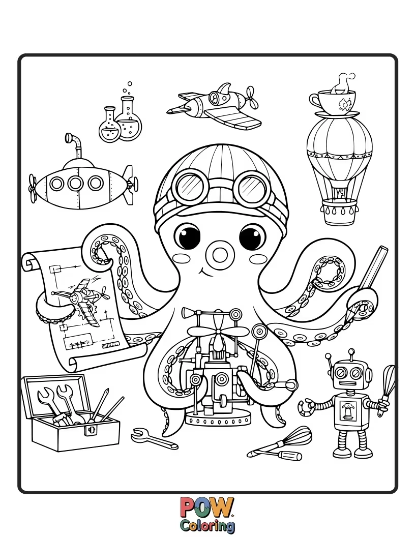 Free coloring page of This ingenious octopus is busy building quirky and wonderful inventions with tools and various contraptions.