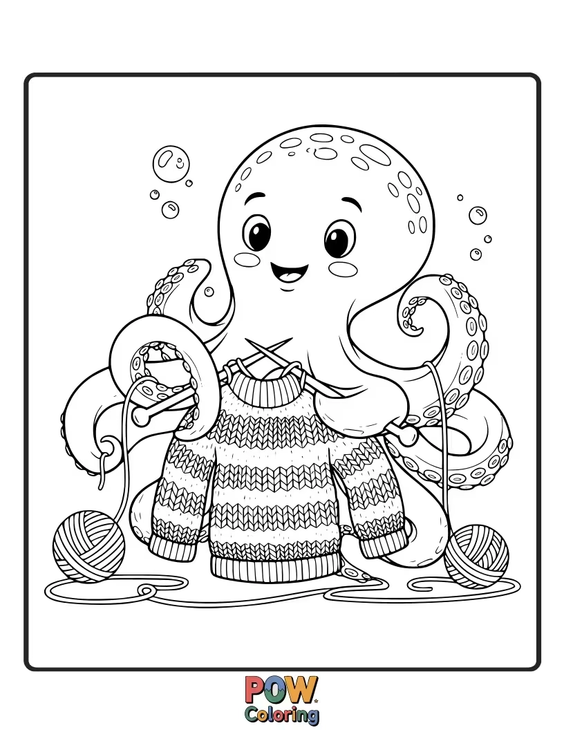 Free coloring page of A patient octopus knitting a warm, colorful sweater, using multiple needles and yarn simultaneously.
