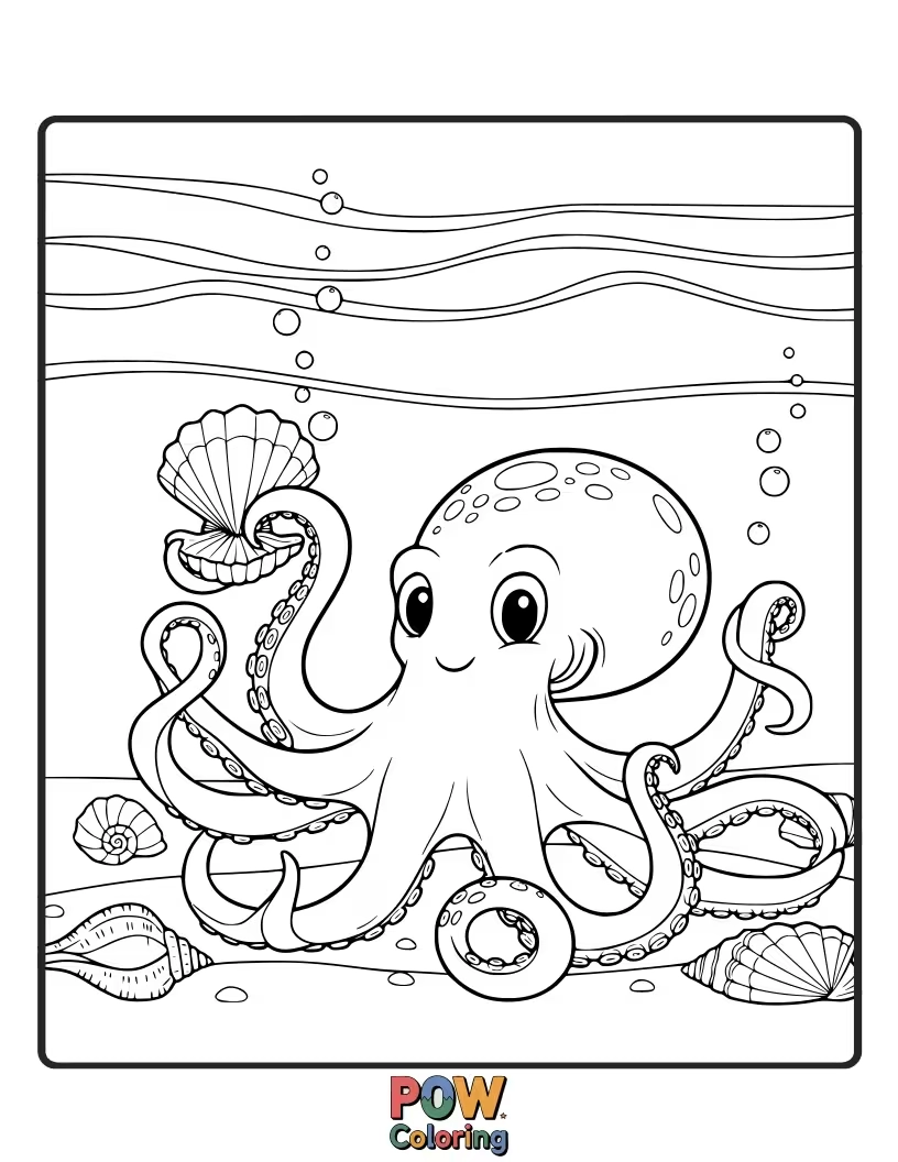 Free coloring page of A sweet octopus meticulously arranging a beautiful collection of colorful seashells, each one unique.