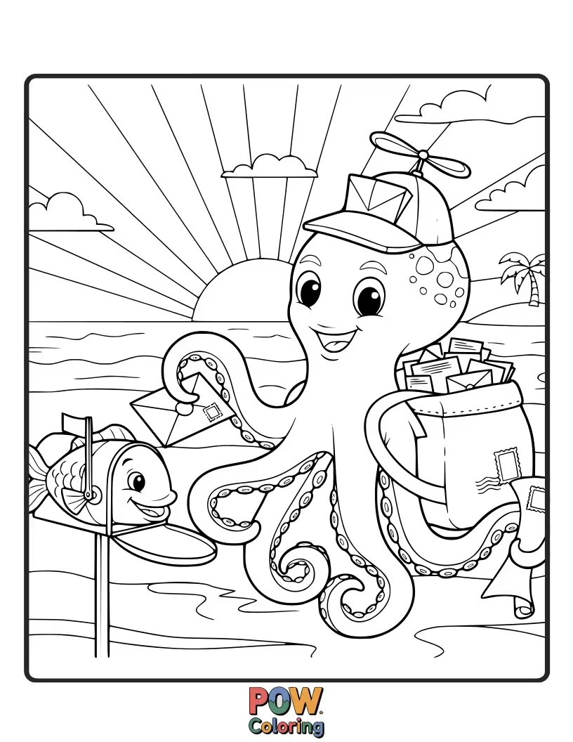 Free coloring page of A diligent octopus delivering letters and packages to various underwater homes with its speedy, helpful tentacles.
