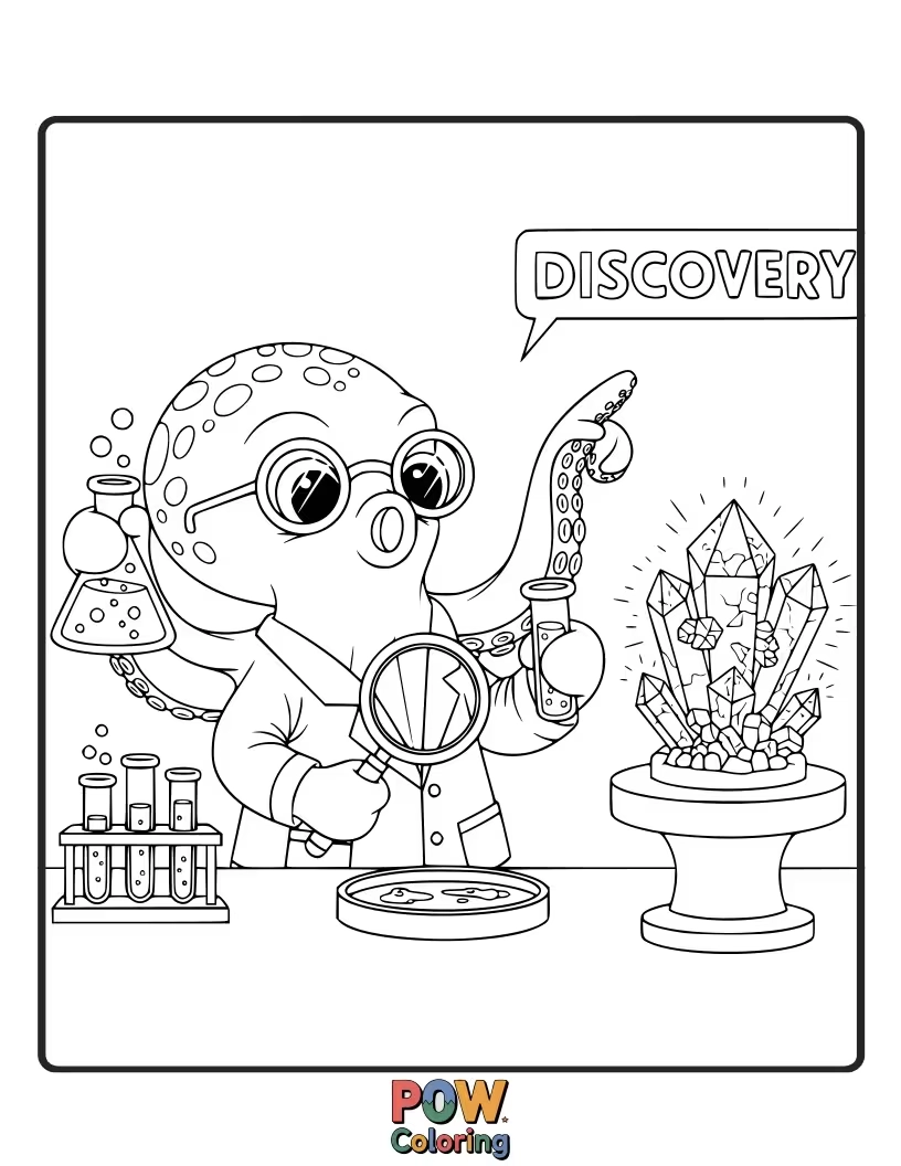 Free coloring page of A curious octopus in a lab coat, peering through a microscope at a tiny, fascinating discovery.