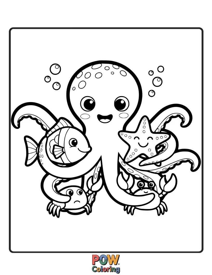 Free coloring page of A loving octopus giving out warm, eight-armed hugs to all its little sea creature friends.