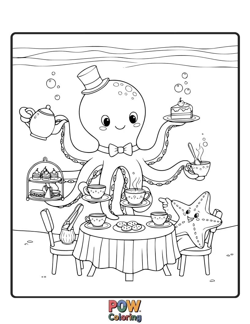 Free coloring page of An elegant octopus hosting a delightful tea party, pouring tea and serving tiny cakes with grace.