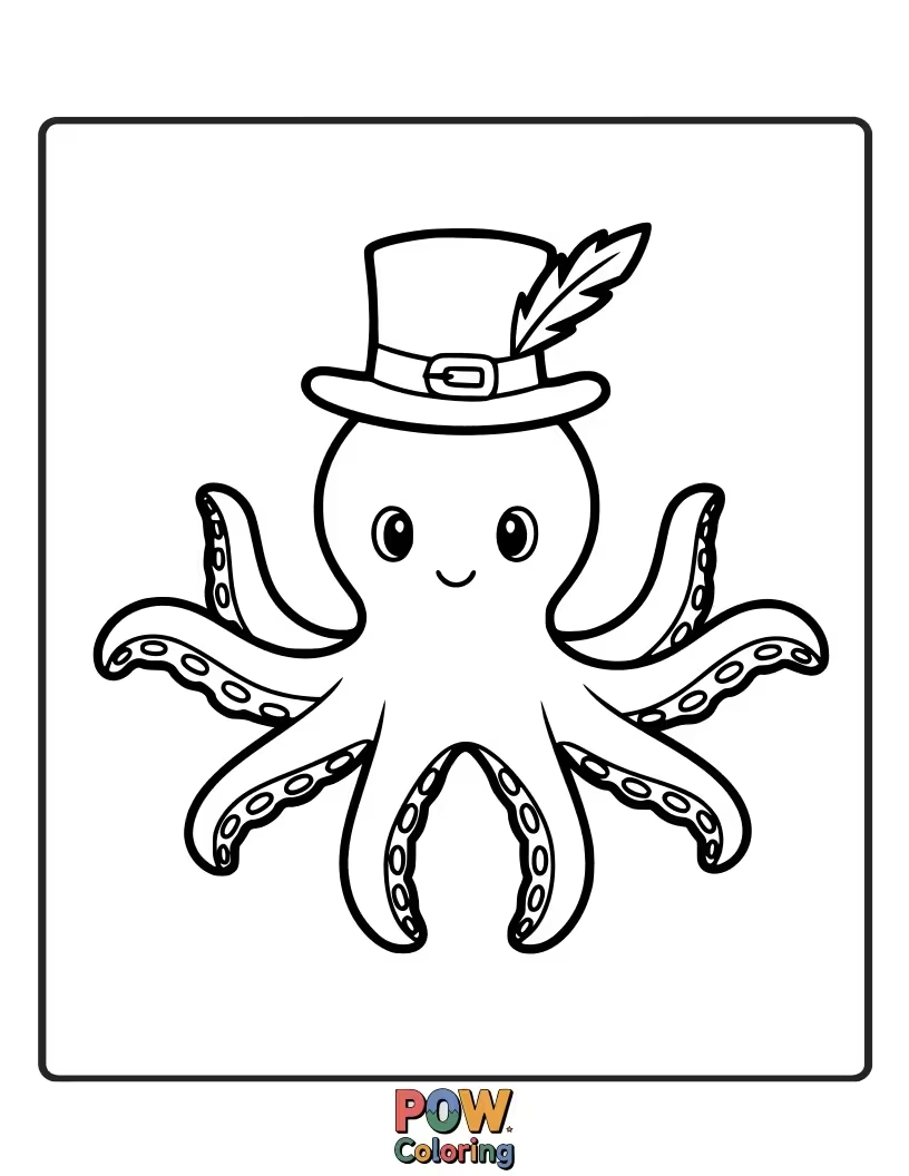 Free coloring page of This stylish octopus is sporting a very fashionable, oversized hat adorned with flowers and ribbons.