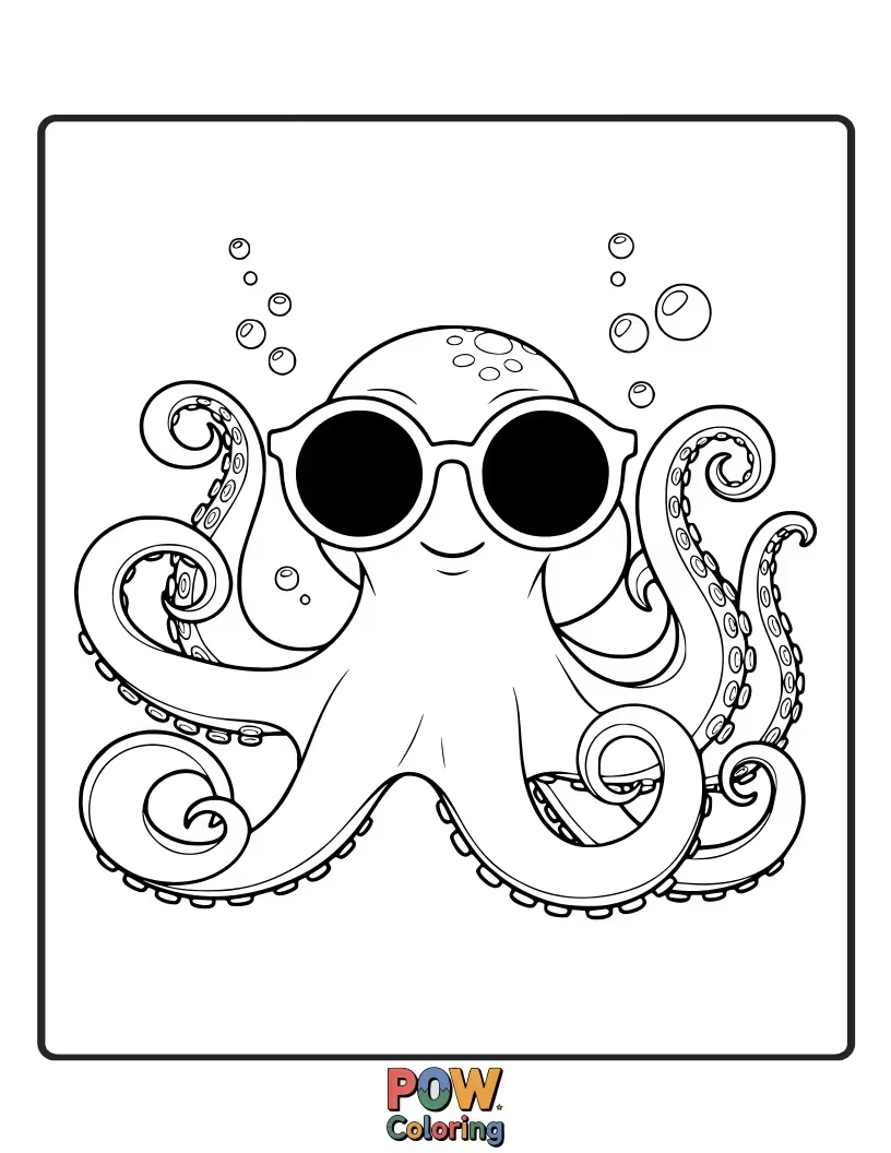 Free coloring page of A cool octopus looking very stylish with oversized sunglasses perched on its head, enjoying the sunny ocean.