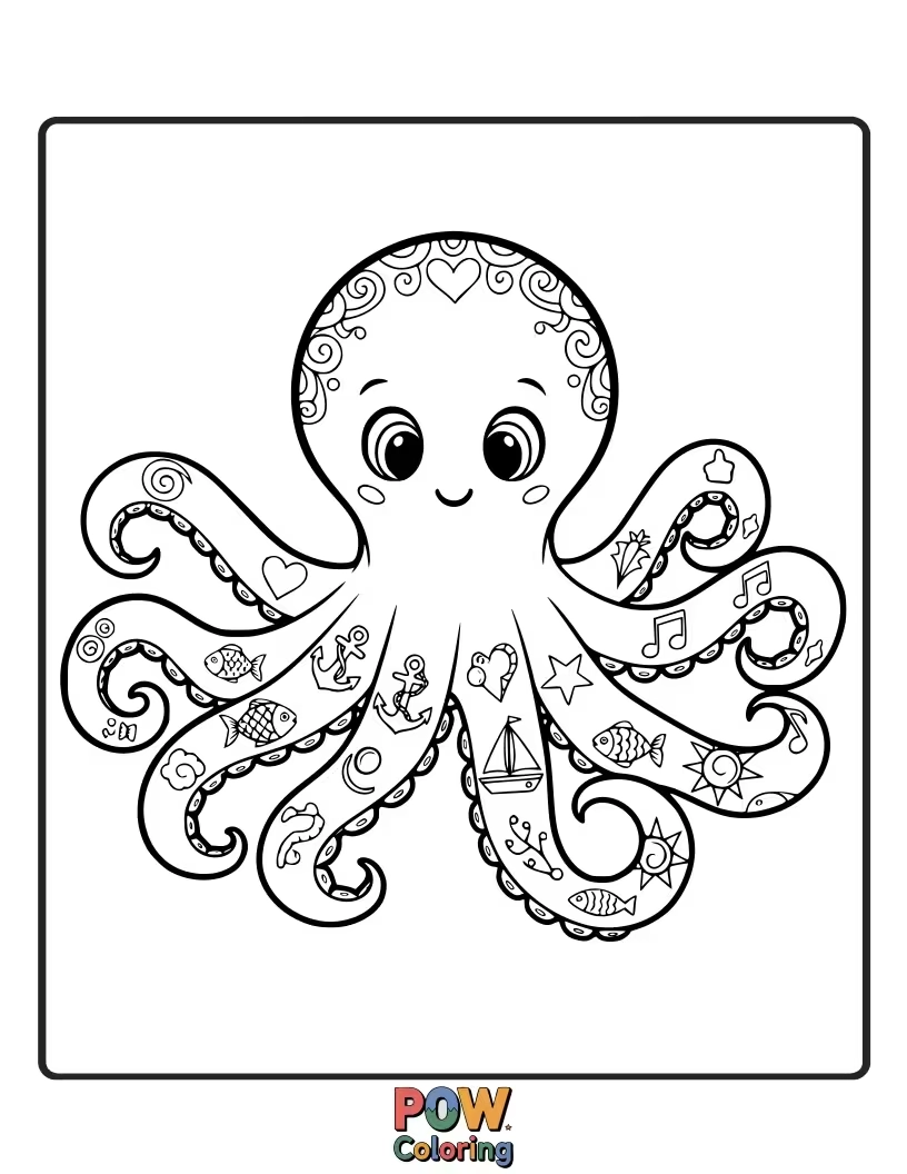 Free coloring page of A quirky octopus showing off some cool, artistic tattoos inked on its tentacles, looking very unique.