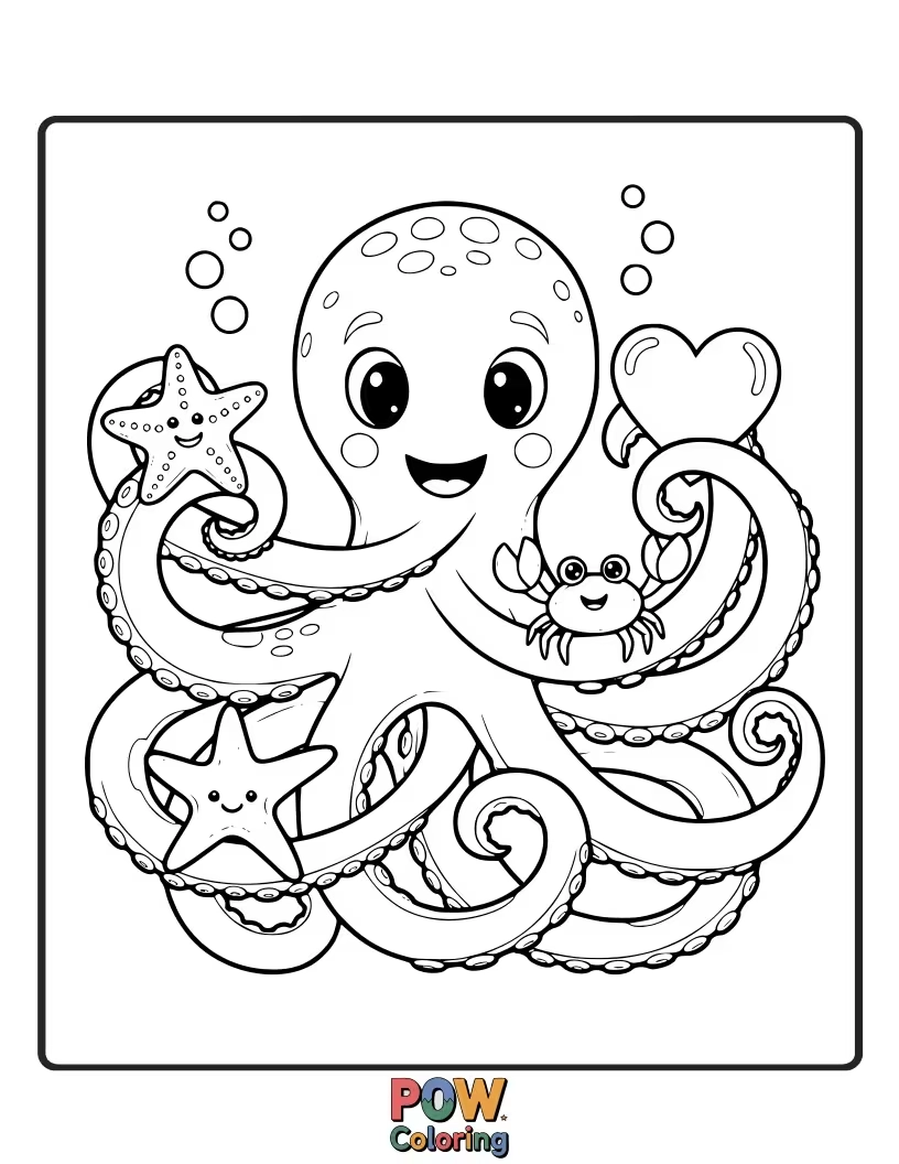 Free coloring page of An adorable octopus uses its many arms to give a big, loving hug to its Valentine, covering them in affection.