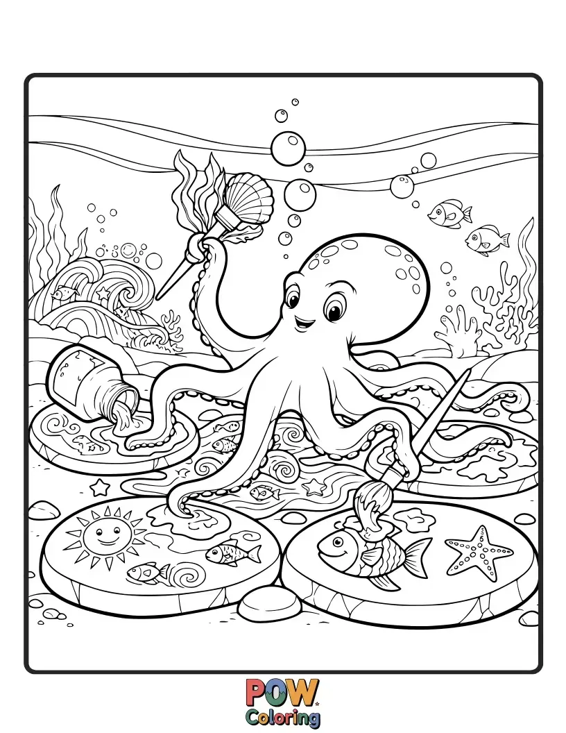 Free coloring page of A mischievous octopus creating swirling patterns with its ink. A creative masterpiece of underwater artistry.