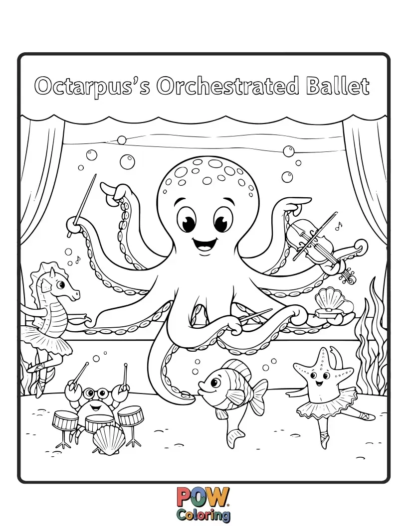 Free coloring page of An octopus with eight perfectly poised limbs performs an intricate ballet routine, each limb a dancer. Eight times the grace!