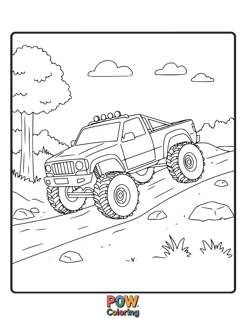Free coloring page of A rugged off-road truck, ready for any terrain. Imagine muddy trails and adventurous color schemes.