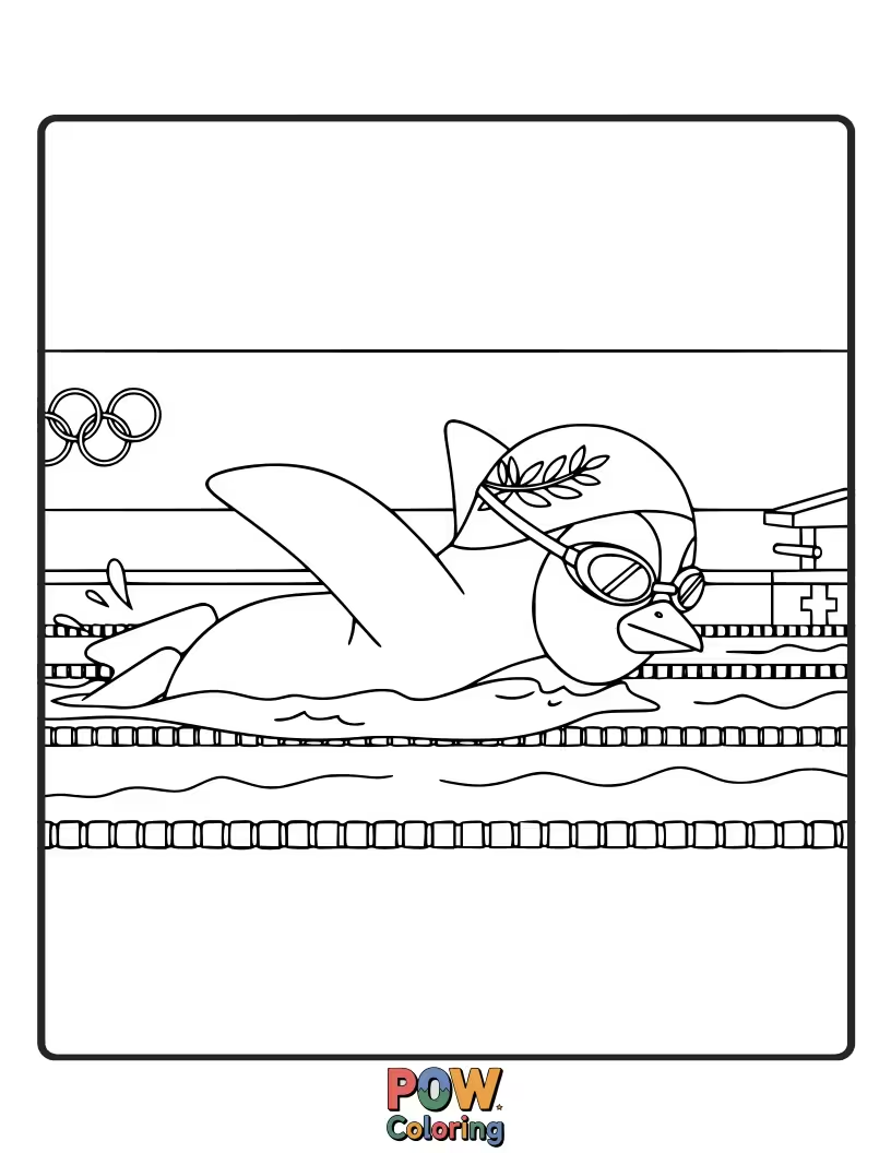 Free coloring page of A determined penguin wearing a tiny swim cap and goggles practices its best strokes, ready for a swimming race.
