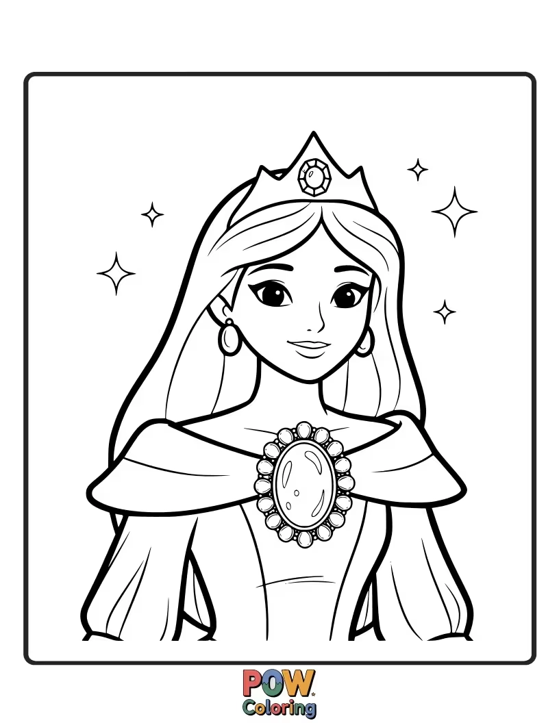 Free coloring page of An artistic princess wearing a unique brooch featuring the shimmering colors of an opal.