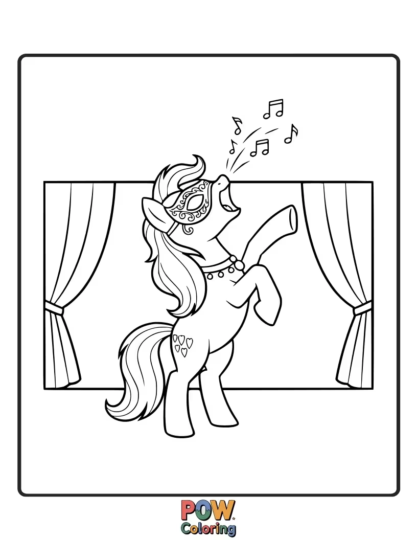Free coloring page of A dramatic pony belting out a tune with exaggerated poses and a tiny microphone.