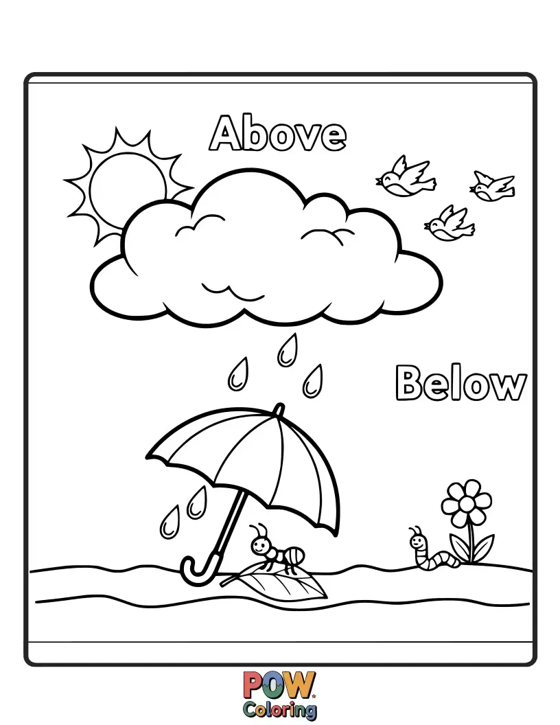 Free coloring page of A curious fish swimming in clear water looks up at a cheerful cloud drifting lazily overhead.
