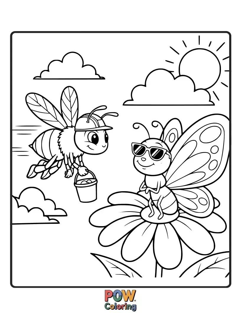Free coloring page of A diligent bee collecting pollen zips past a graceful butterfly gently resting on a flower.