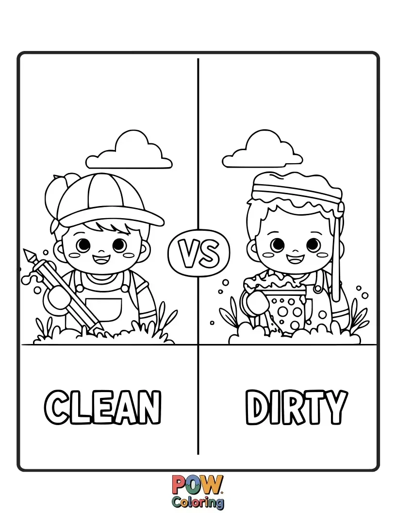 Free coloring page of A sparkling clean puppy wagging its tail, opposite a playful piglet happily rolling in mud.