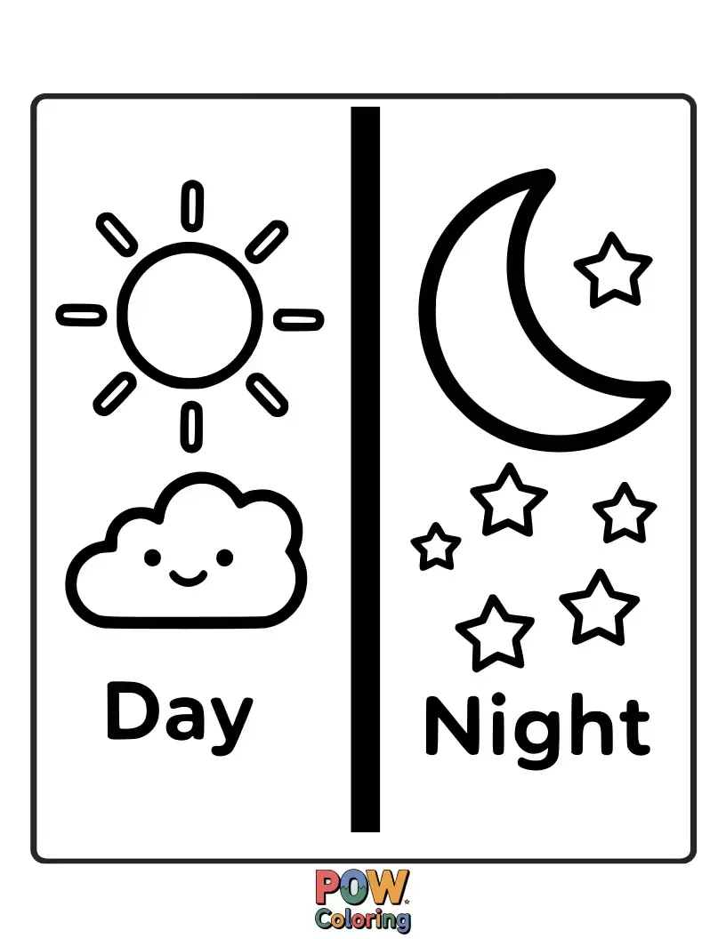 Free coloring page of A cheerful sunbeam says hello to a sleepy crescent moon, surrounded by twinkling stars. A perfect contrast!