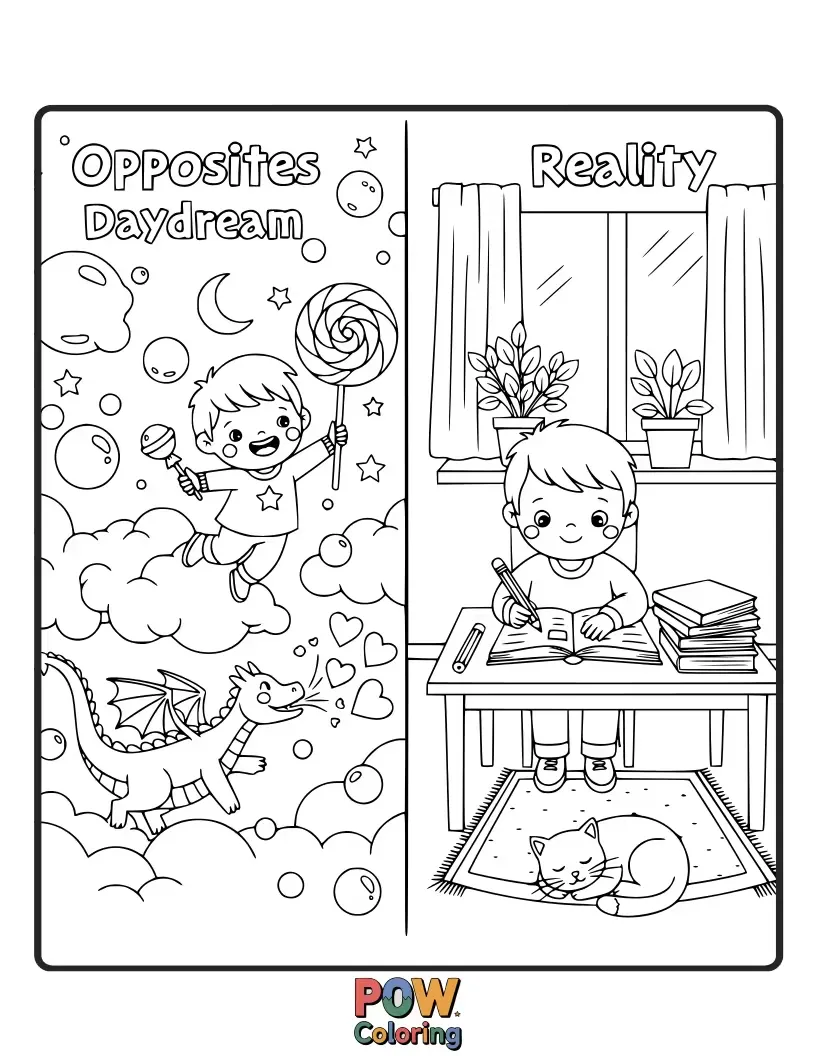 Free coloring page of A whimsical child imagining floating among stars, opposite the same child sitting grounded with a book.